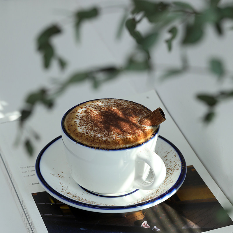 复古手工陶瓷咖啡杯 蓝色描边咖啡套杯带碟 早餐牛奶杯办公室茶杯