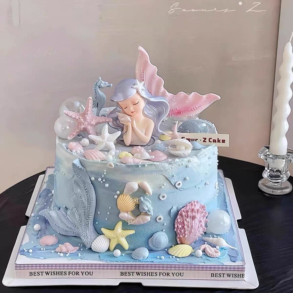 梦幻海洋公主女孩生日蛋糕装饰闭眼美人鱼贝壳鱼尾烘焙装扮摆件