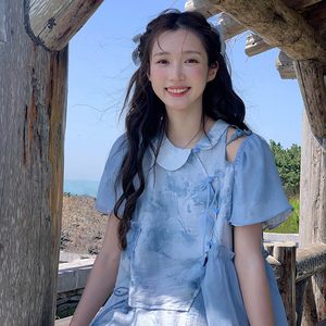 芝士日【波罗的海】新中式晕染水墨印花连衣裙国风盘扣两件套装裙