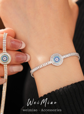 18k真金电镀镶锆石贝母圆形卡扣手链轻奢感手环个性小众手饰