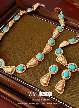 中古vintage首饰套装三角形人造石款手耳环锁骨链复古感饰品