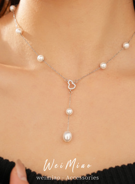 锆石镂空葫芦圆形串珠珍珠项链简约百搭气质锁骨链感轻奢项饰