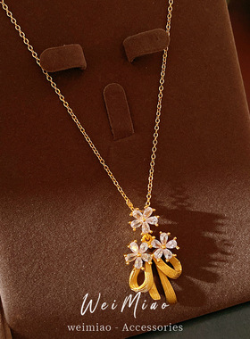24k真金电镀镶锆石花朵蝴蝶结项链轻奢小众锁骨链感精致项饰