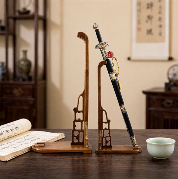 武士兵器架汉剑武器实木展示架剑架立式斜放剑托鹅头鸡翅木刀架图片