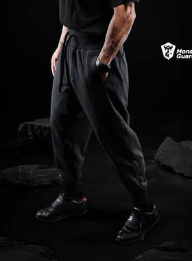 Monster Guardians暗夜系列秋冬高腰休闲运动长裤男黑色束脚卫裤