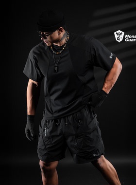Monster Guardians暗夜系列春夏大口袋机能风黑色运动工装短裤男