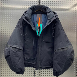 新款拉链大口袋帅气男装羽绒服美式宽松连帽白鸭绒保暖夹克冲锋衣