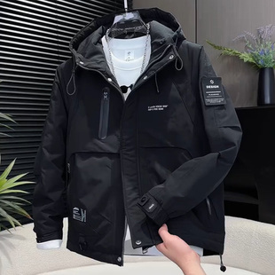 休闲保暖厚外套 棉服潮流秋冬加棉冲锋衣新款 工装 拼接高街帅气男士