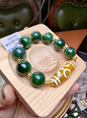 ｛琛贝手作｝天然和田玉碧玉黄玛瑙天珠16mm手链手串 厚度24k真金