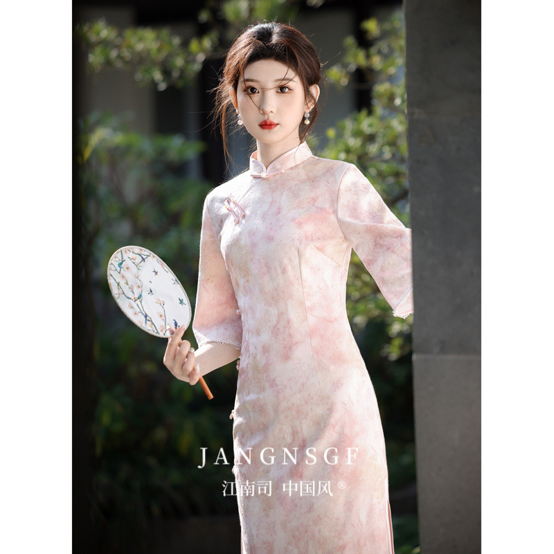 江南司造丨旗袍新中式粉色小个子古法倒大袖国风年轻款少女改良女