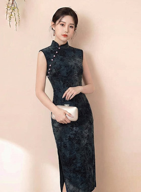 江南司造丨旗袍新中式复古风无袖女深绿色花色修身日常长裙绝美轻