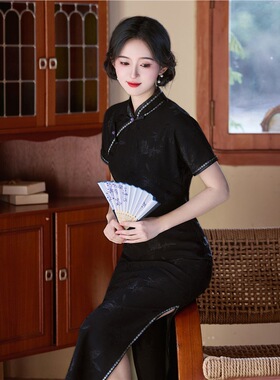 江南司造丨旗袍复古风黑色改良女长款斜襟短袖显瘦气质连衣裙日常
