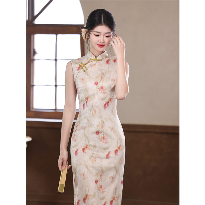 江南司造丨旗袍水彩花卉无袖女中长款修身显瘦气质连衣裙新中式温