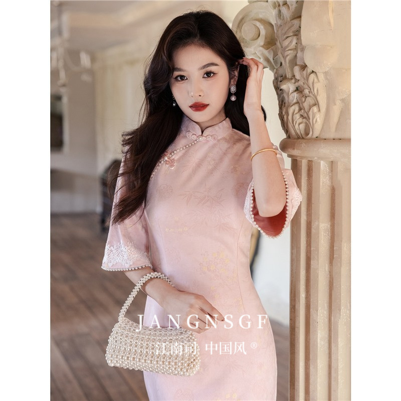 江南司造旗袍新中式粉色鹿皮绒