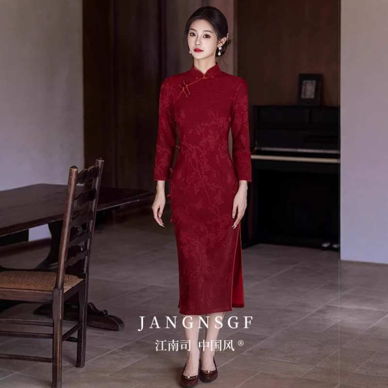 江南司造旗袍红长袖2025秋