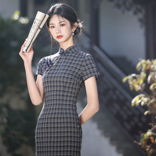 江南司造丨旗袍格子蓝色复古民国风文艺气质修身绝美日常年轻款改