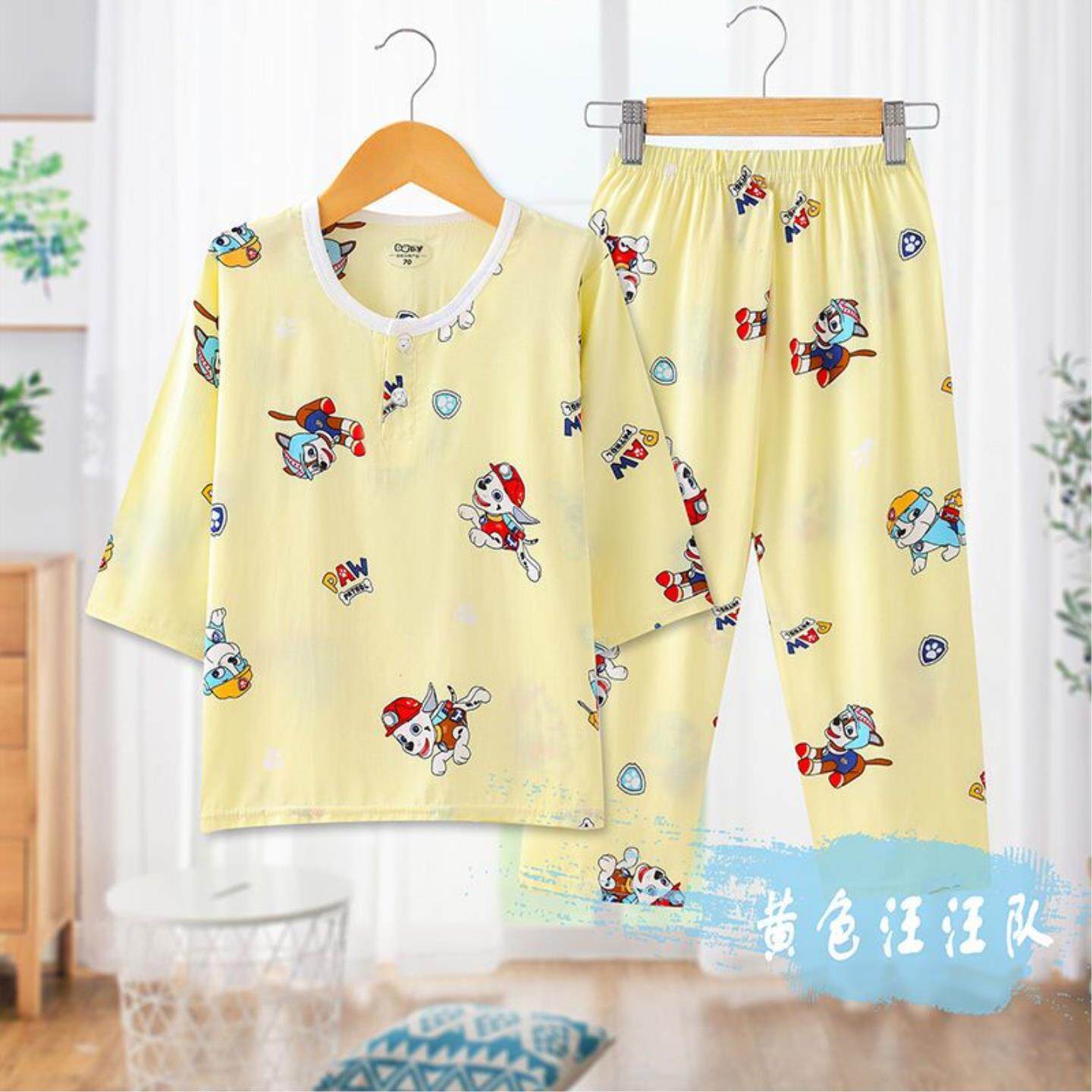 夏季儿童绵绸睡衣套装薄款男孩女童棉绸七分袖空调服小孩子家居服