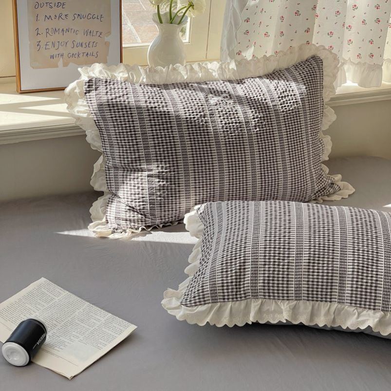 花边亲肤棉纯色枕套一对成人枕头套韩版柔软水洗单人枕套48*74cm