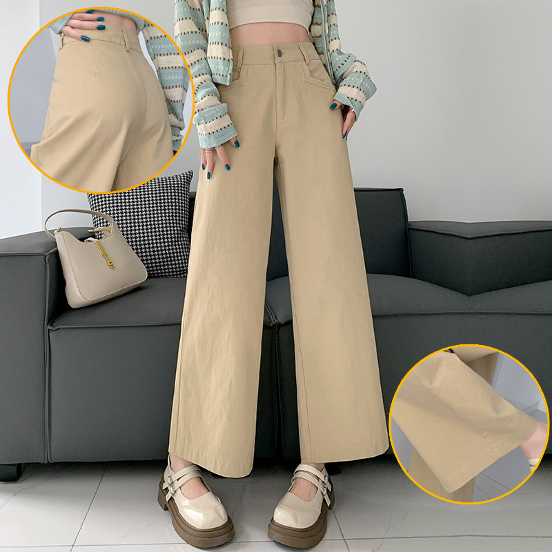 休闲工装裤女春款小个子抗皱洗水棉直筒老钱风阔腿九分裤