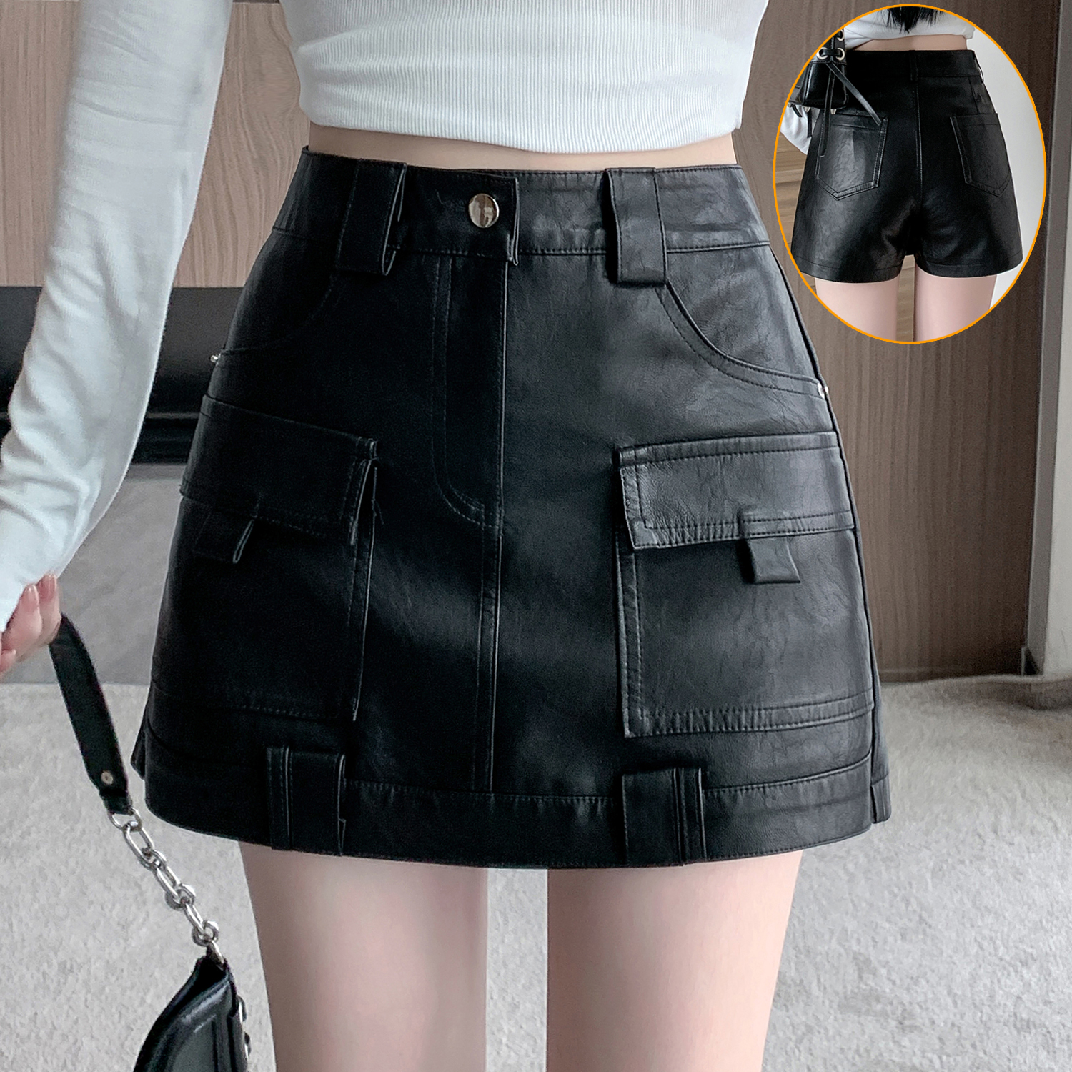 PU皮工装短裙裤女高腰小个子裤裙