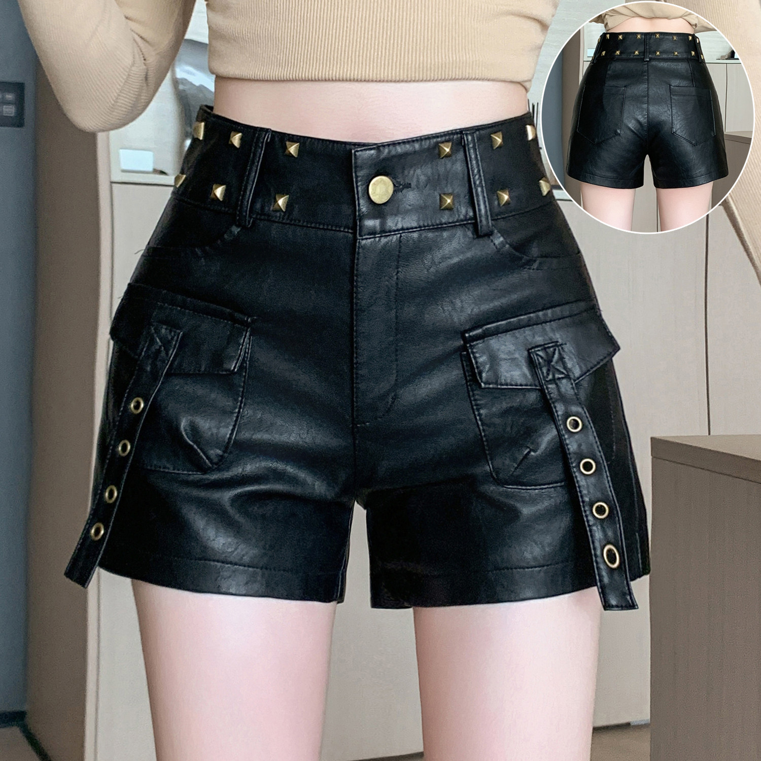 辣妹风PU皮短裤女高腰显瘦铆钉装饰包臀热裤酷感皮裤朋克机车靴裤,女装/女士精品,牛仔裤,淘宝优惠券,粉丝福利购,淘宝优惠卷