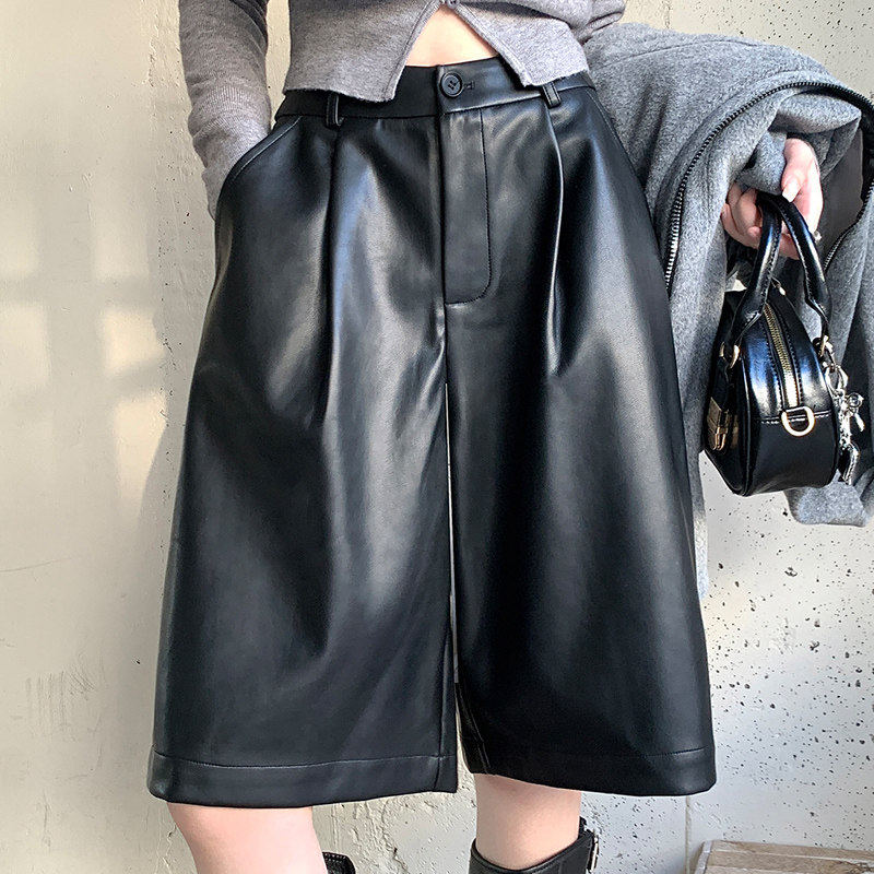 品牌折扣正品女装断码清仓特价不能退换黑色pu皮五分裤女秋冬