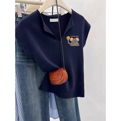 品牌正品女装衣服断码特价清仓 不退换-欧货藏蓝色V领印花短袖