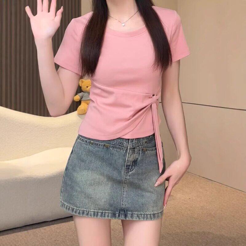 品牌折扣正品女装断码清仓特价不能退换粉色圆领扭结短袖T恤