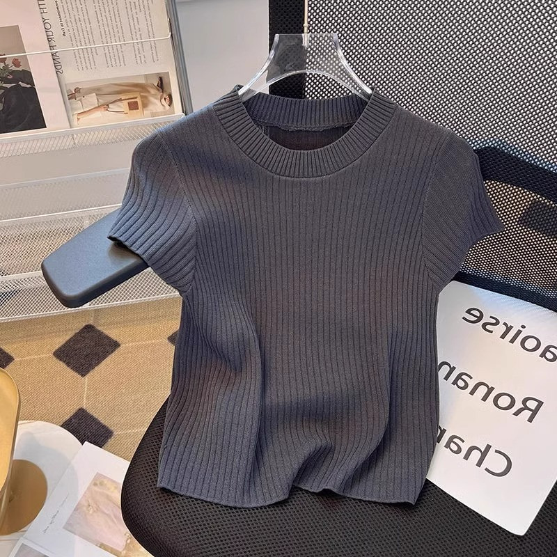 【品牌正品女装新品超级秒杀 不接受退换】灰色冰丝针织短袖T恤女