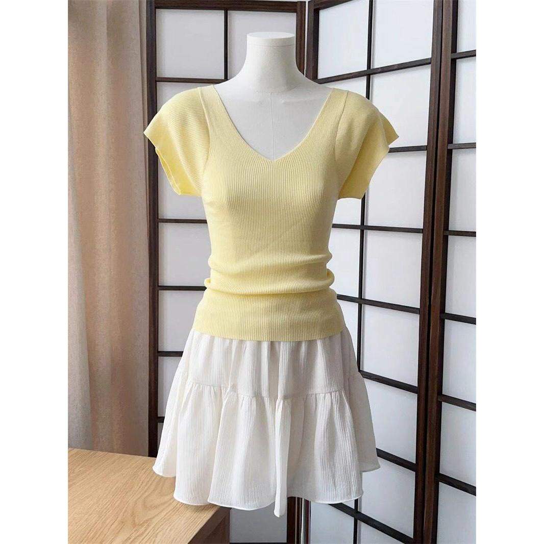 品牌正品女装衣服断码特价清仓 不退换-V领针织短袖T恤女夏季修身