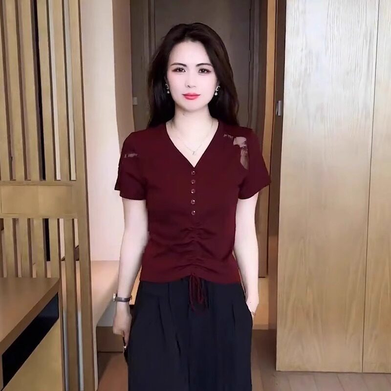 品牌折扣正品女装断码清仓特价不能退换v领红色欧洲站短袖T恤女夏