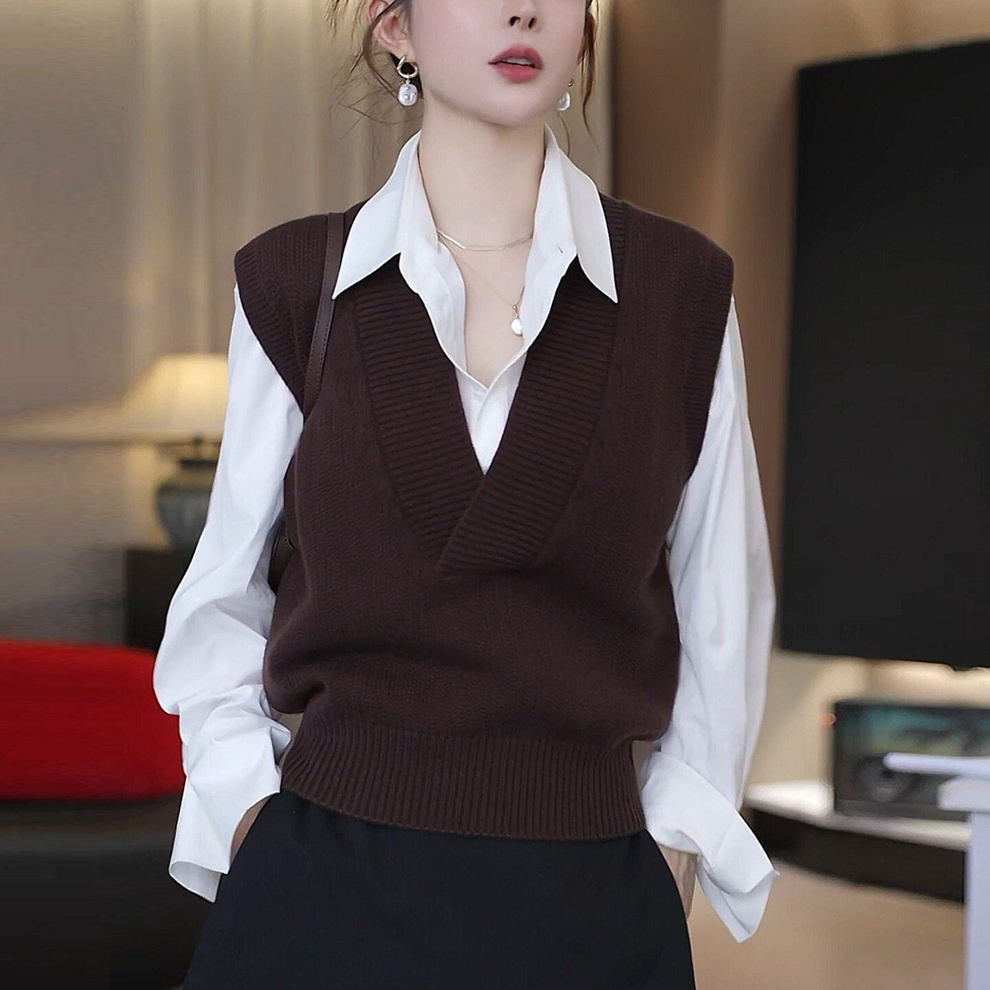 品牌折扣正品女装断码清仓特价不能退换美拉德咖色无袖V领马甲