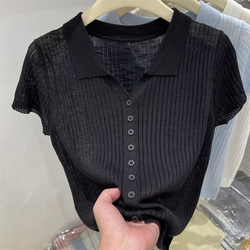 品牌正品女装衣服断码特价清仓 不接受退换-冰丝亚麻针织翻领短袖