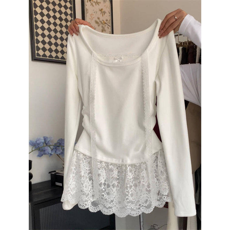 品牌正品女装衣服断码特价清仓 不退换-白色蕾丝边长袖T恤女秋冬