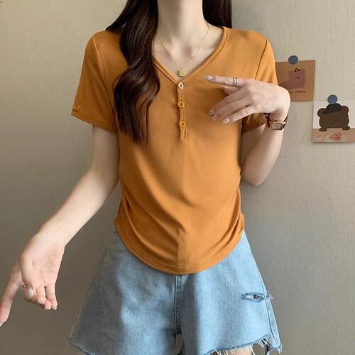 品牌折扣正品女装断码清仓特价不能退换大码v领湖蓝色短袖t恤女夏
