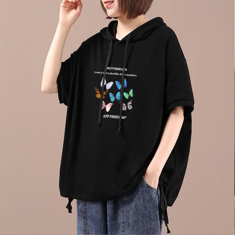 品牌折扣正品女装断码清仓特价不能退换黑色连帽短袖t恤女2026新