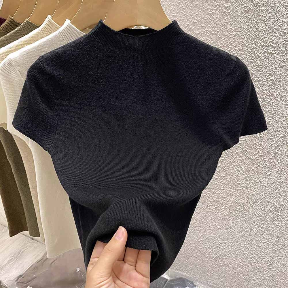品牌折扣正品女装断码清仓特价不能退换酒红色半高领针织短袖t恤