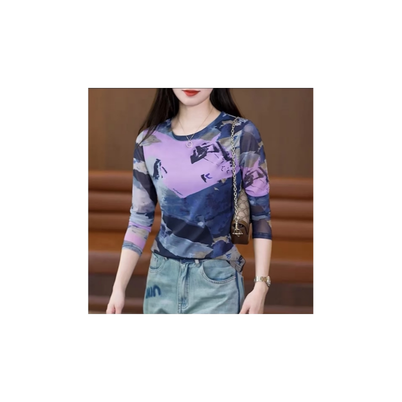 品牌折扣正品女装断码清仓特价不能退换蓝色水墨画印花长袖t恤女