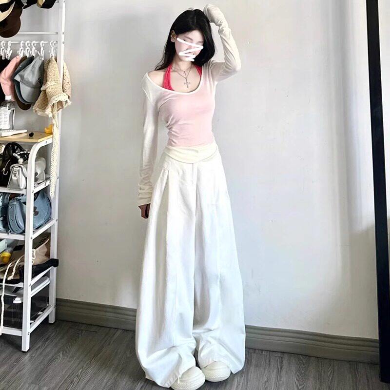 品牌折扣正品女装断码清仓特价不能退换白色露肩V领长袖T恤女春秋