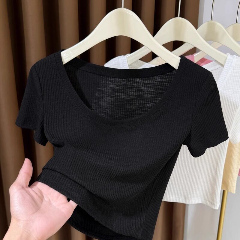 品牌折扣正品女装断码清仓特价不能退换黑色竹节棉短袖t恤女夏季