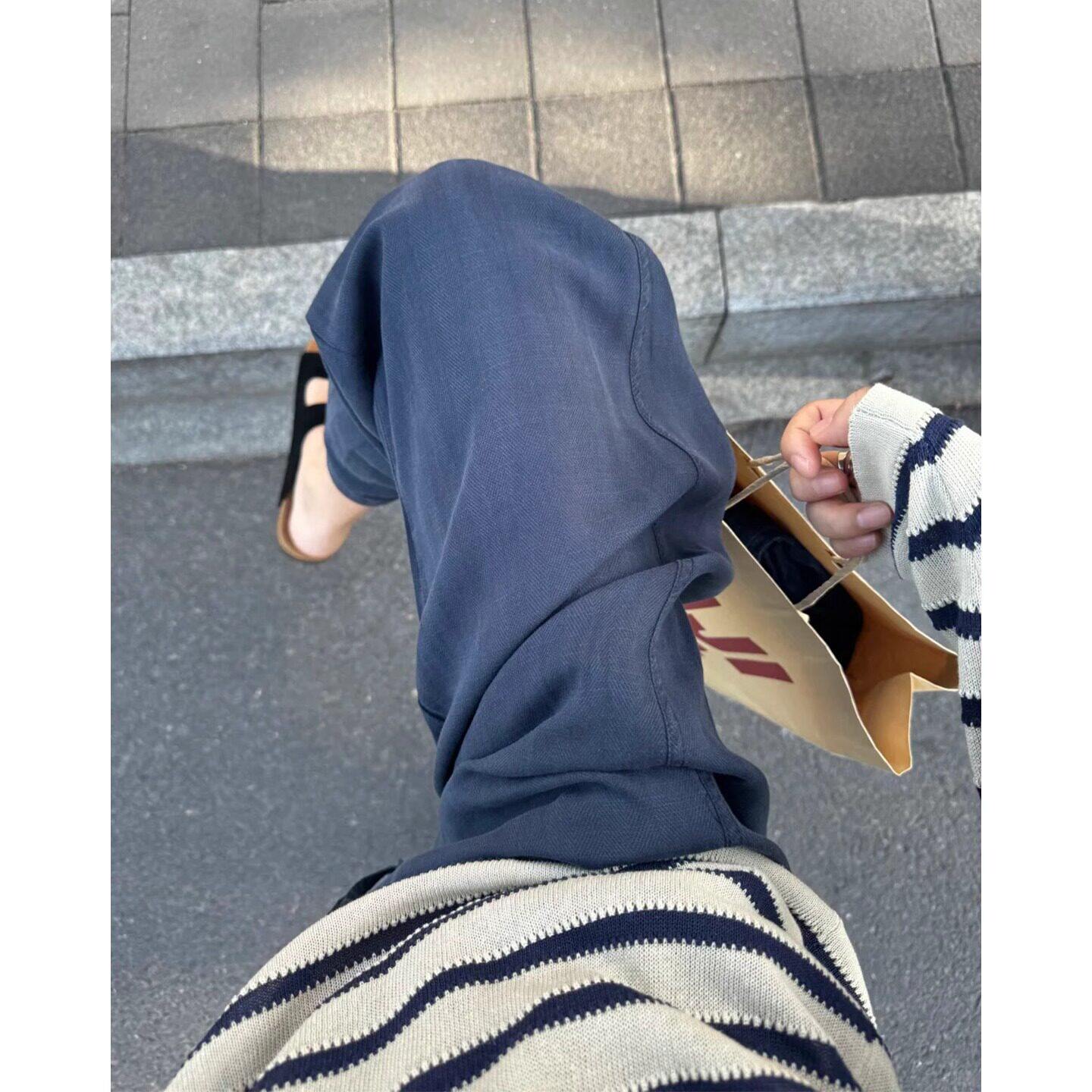 品牌折扣正品女装断码清仓特价不能退换藏青色天丝阔腿裤子女夏薄