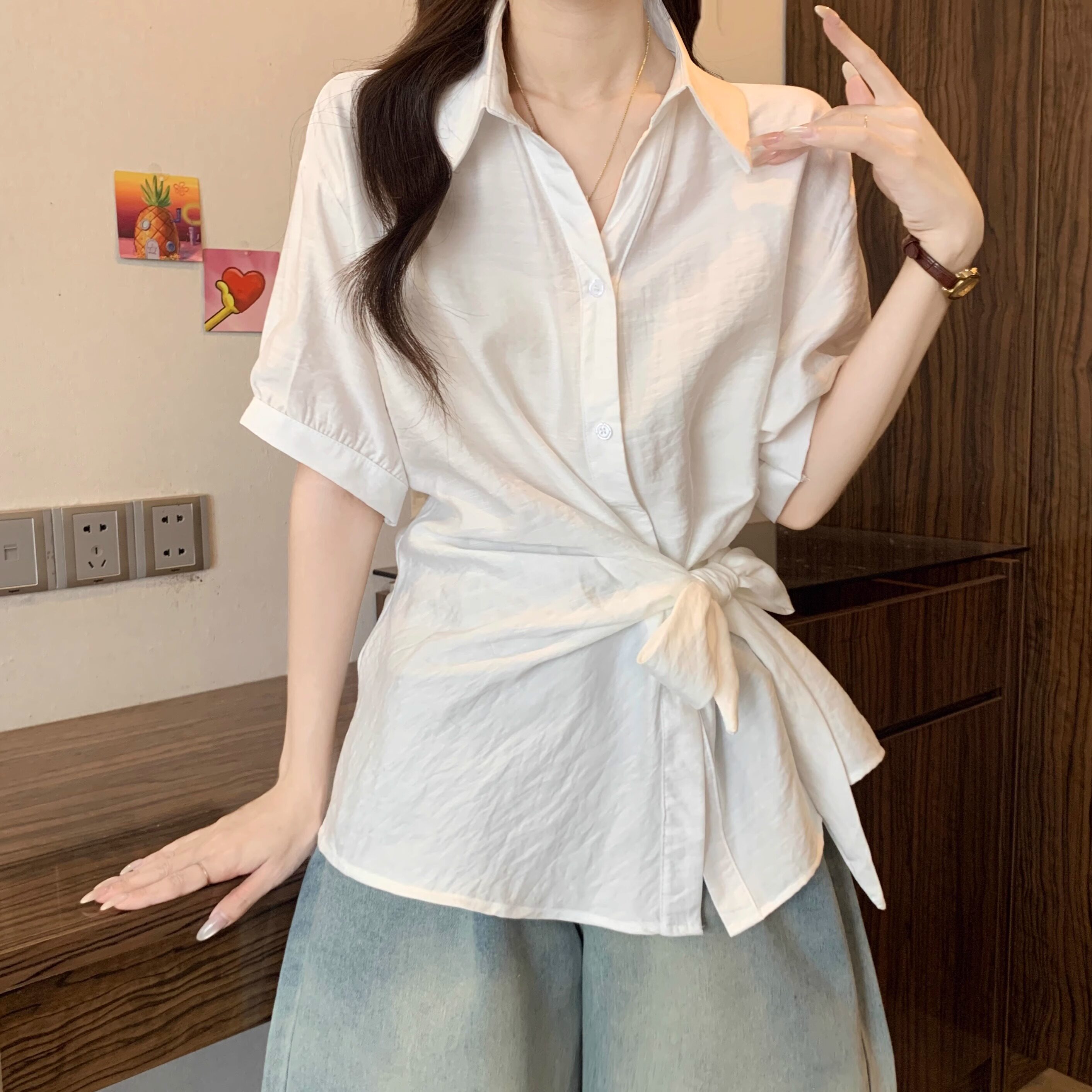 品牌折扣正品女装断码清仓特价不能退换不规则收腰系带白衬衫短袖