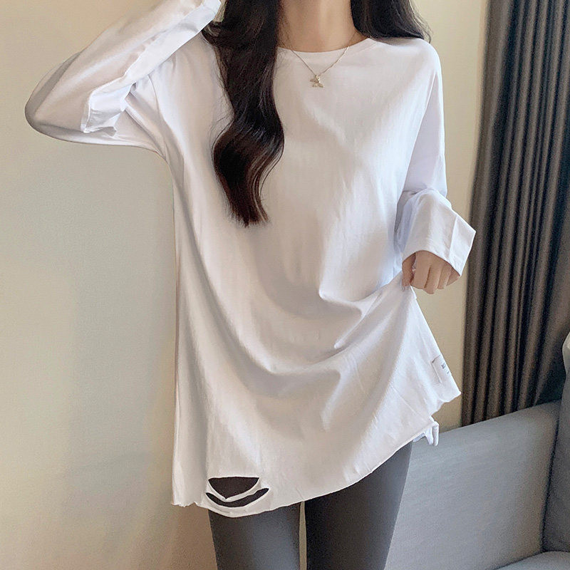 品牌正品女装衣服断码特价清仓 不接受退换-中长款破洞打底衫女春