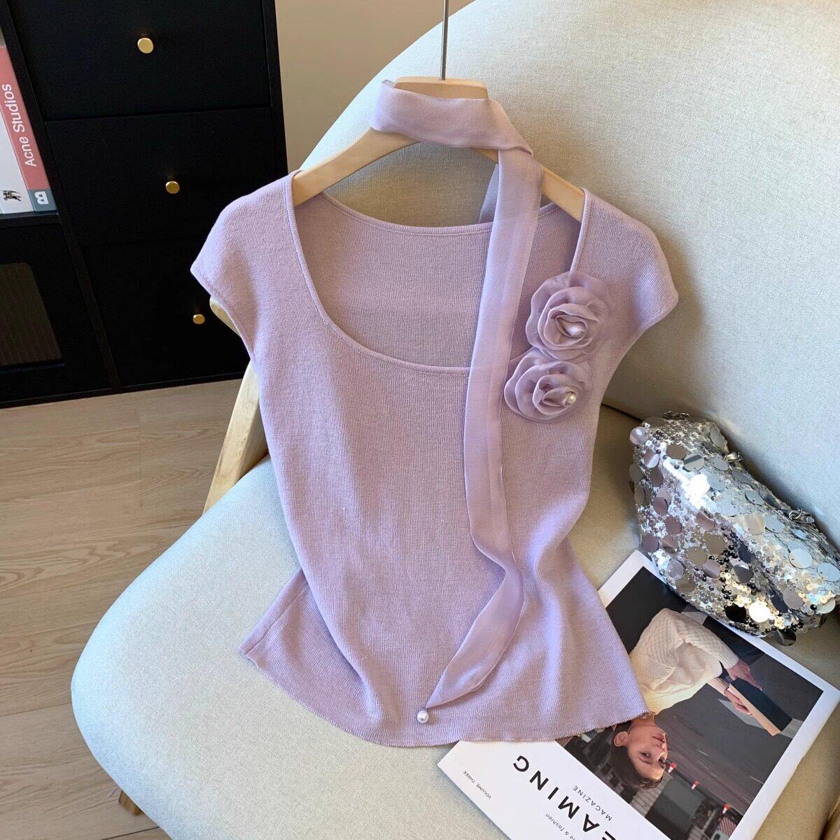 品牌折扣正品女装断码清仓特价不能退换法式紫色立体花朵冰丝针织