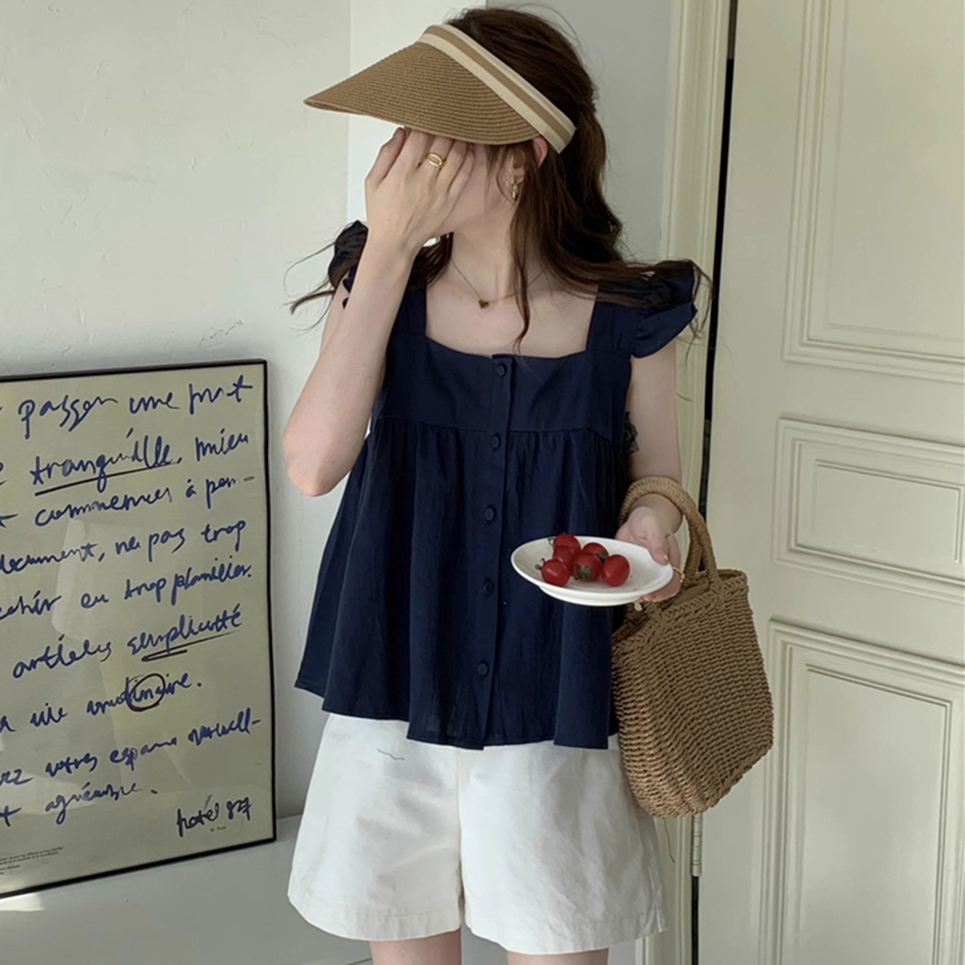 品牌正品女装衣服断码特价清仓 不退换-藏蓝色方领雪纺衫女夏季