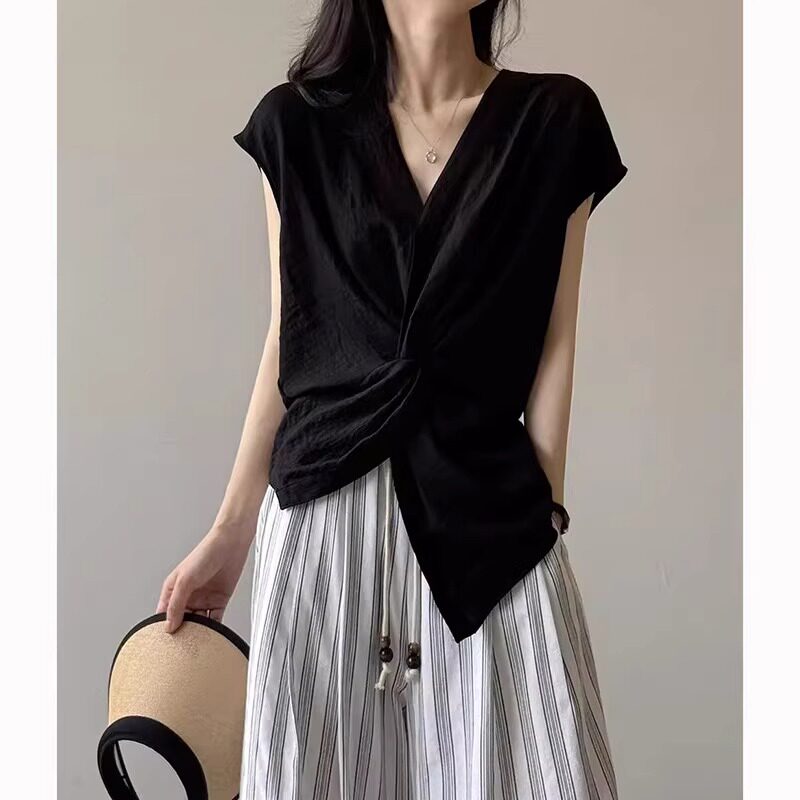 品牌折扣正品女装断码清仓特价不能退换老钱风高端扭结短袖T恤女