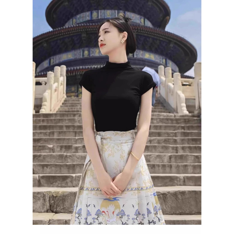 品牌折扣正品女装断码清仓特价不能退换新中式黑色半高领短袖t恤