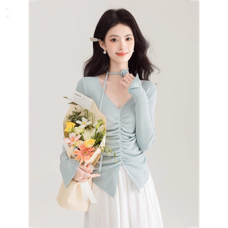 品牌折扣正品女装断码清仓特价不能退换浅蓝色V领抽绳针织打底衫