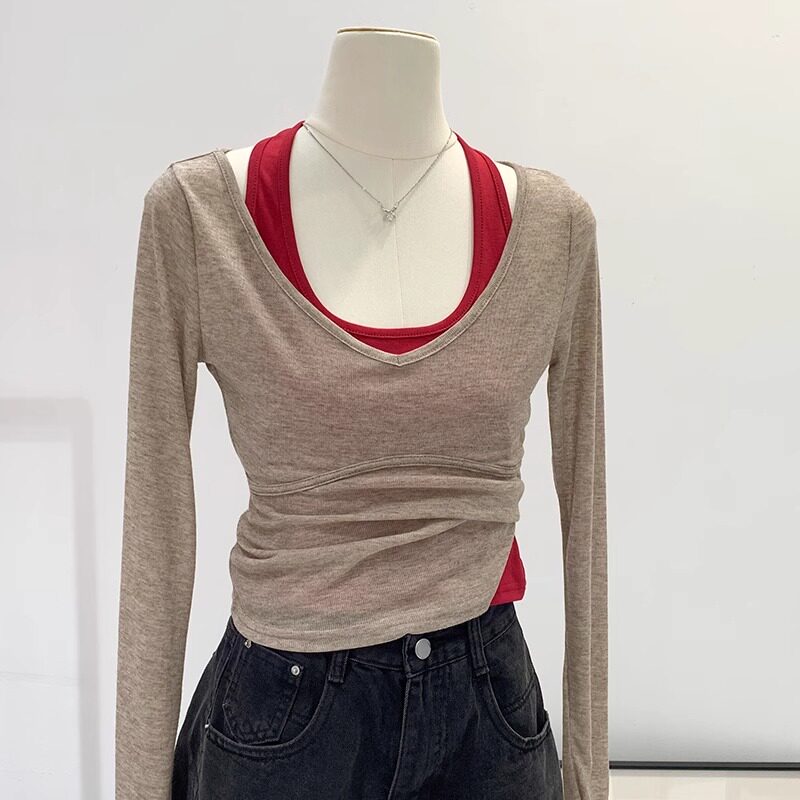 品牌折扣正品女装断码清仓特价不能退换韩系纯欲辣妹V领长袖T恤女