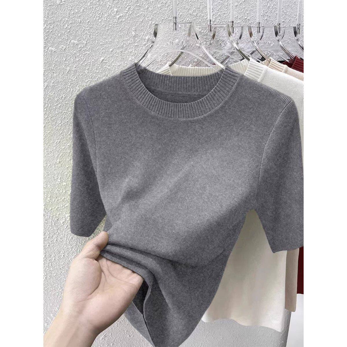 品牌正品女装衣服断码特价清仓 不退换-灰色圆领针织五分袖T恤秋